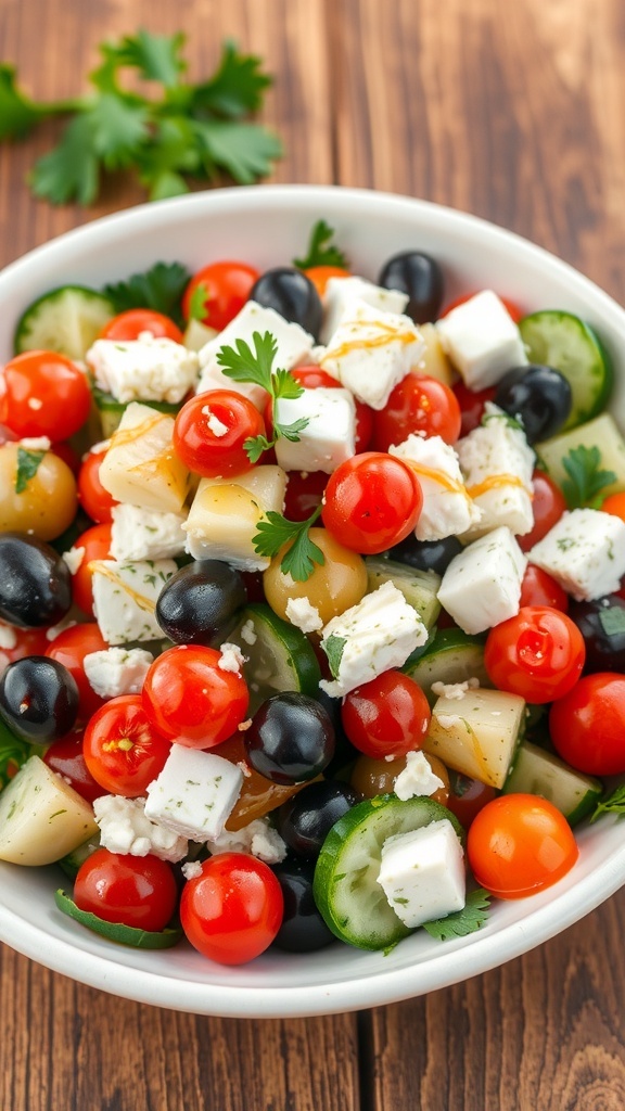 Mediterranean Feta and Olive Salad Recipe A Mediterranean feta and olive salad with olives, tomatoes, cucumber, and feta cheese, garnished with parsley on a wooden table.